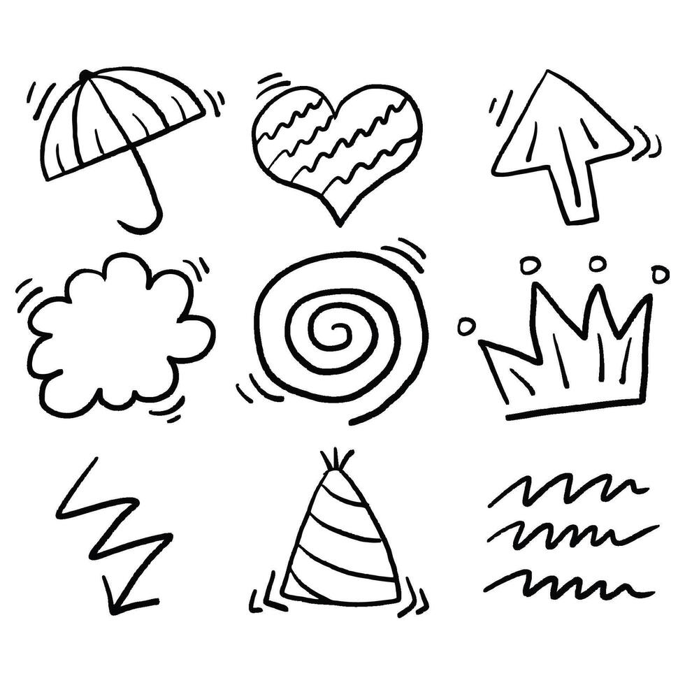 Doodle umbrella heart arrow cloud king hat sketch drawn vector