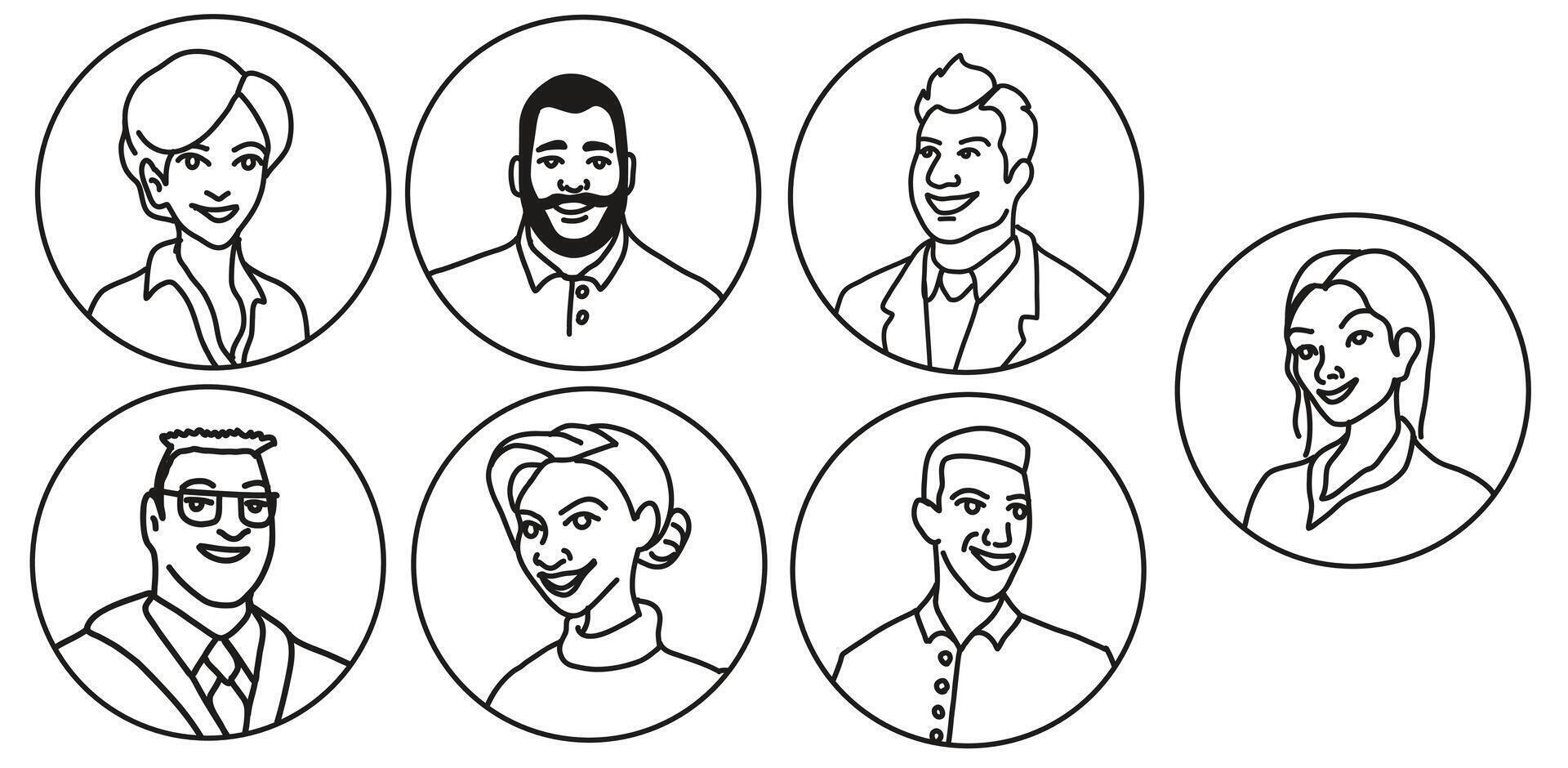 Avatar icon set. Hand drawn Doodle Monochrome Face Placeholders icons. Male and female user profile for social networks, resumes, forums and dating sites. Portrait of different people vector