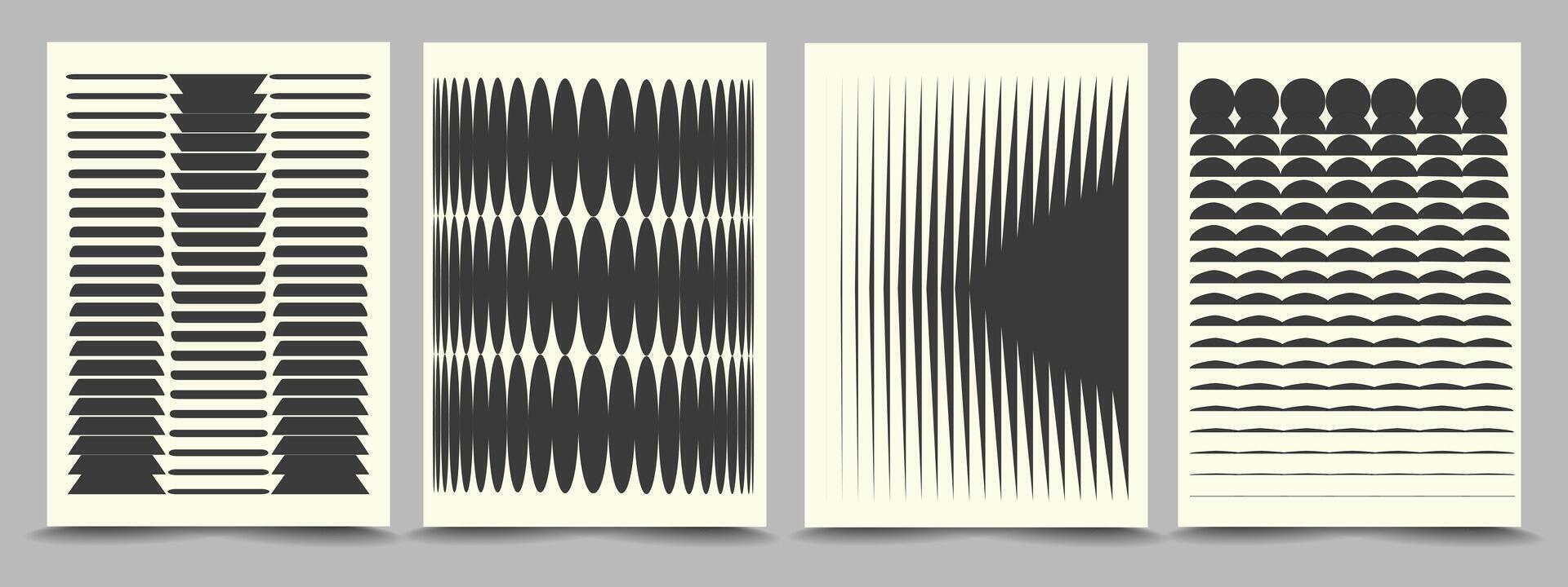 Creative minimalistic Posters with distorted figures. Retro futuristic pattern. Abstract Graphic elements of geometrical shapes rave composition vector