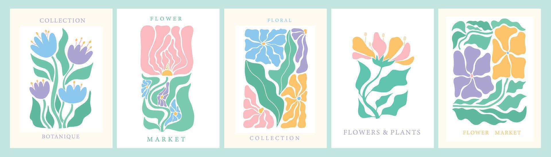 Retro floral elements, abstract flowers and leaves for posters, cards, banners, invitations, stickers, prints, etc. Flower market typography. EPS 10 vector
