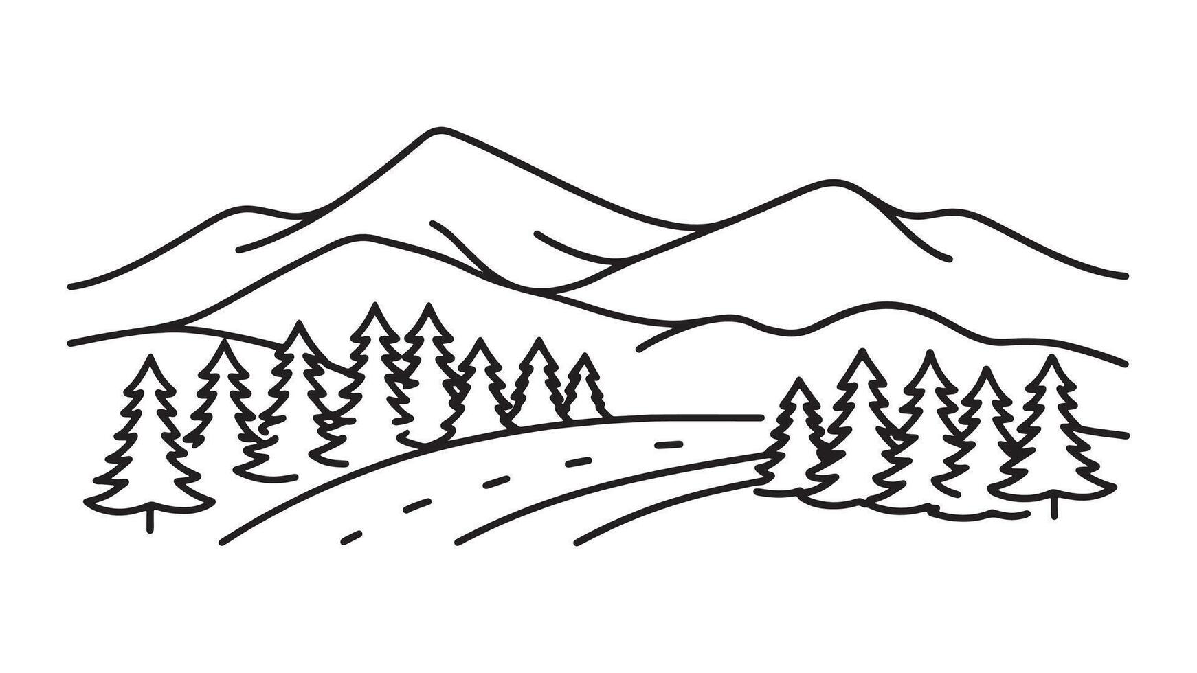 Scenic mountain range with lush trees under a clear blue sky showcasing the beauty of nature. line art flat illustration. vector