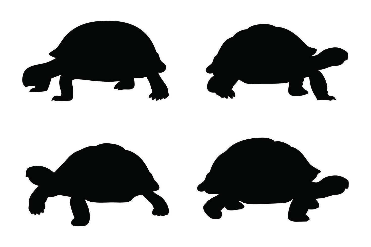 Tortoises walking in different positions silhouettes set illustration on white background. vector