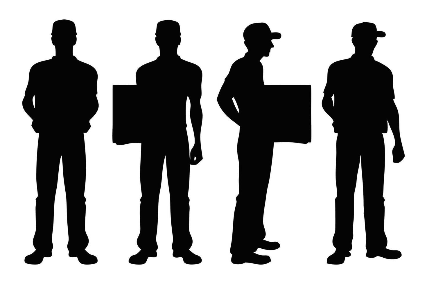 Deliveryman carrying a box silhouettes set illustration on white background. vector