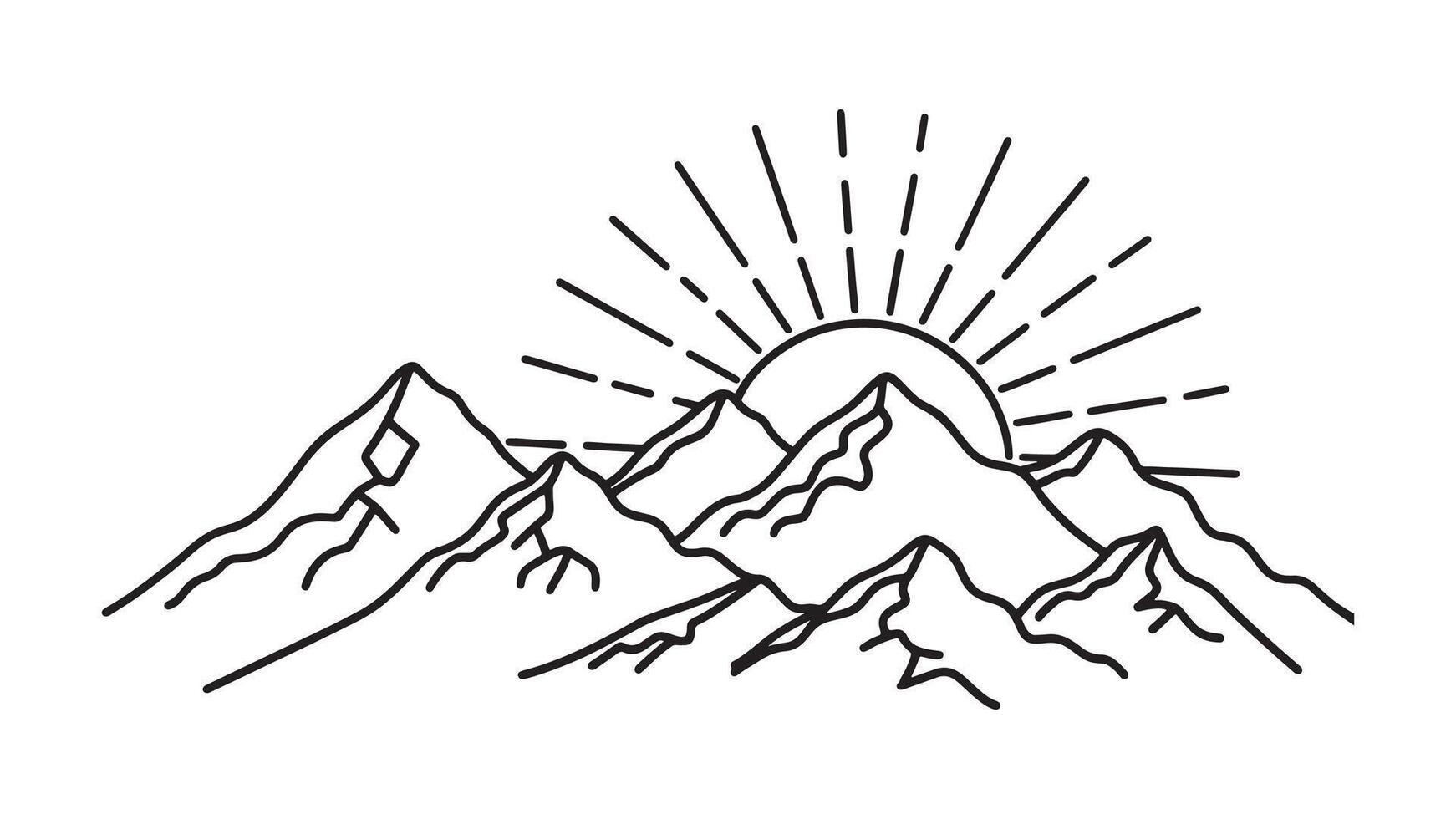 Bright sunlight illuminates a majestic mountain range under a clear blue sky line art flat illustration vector