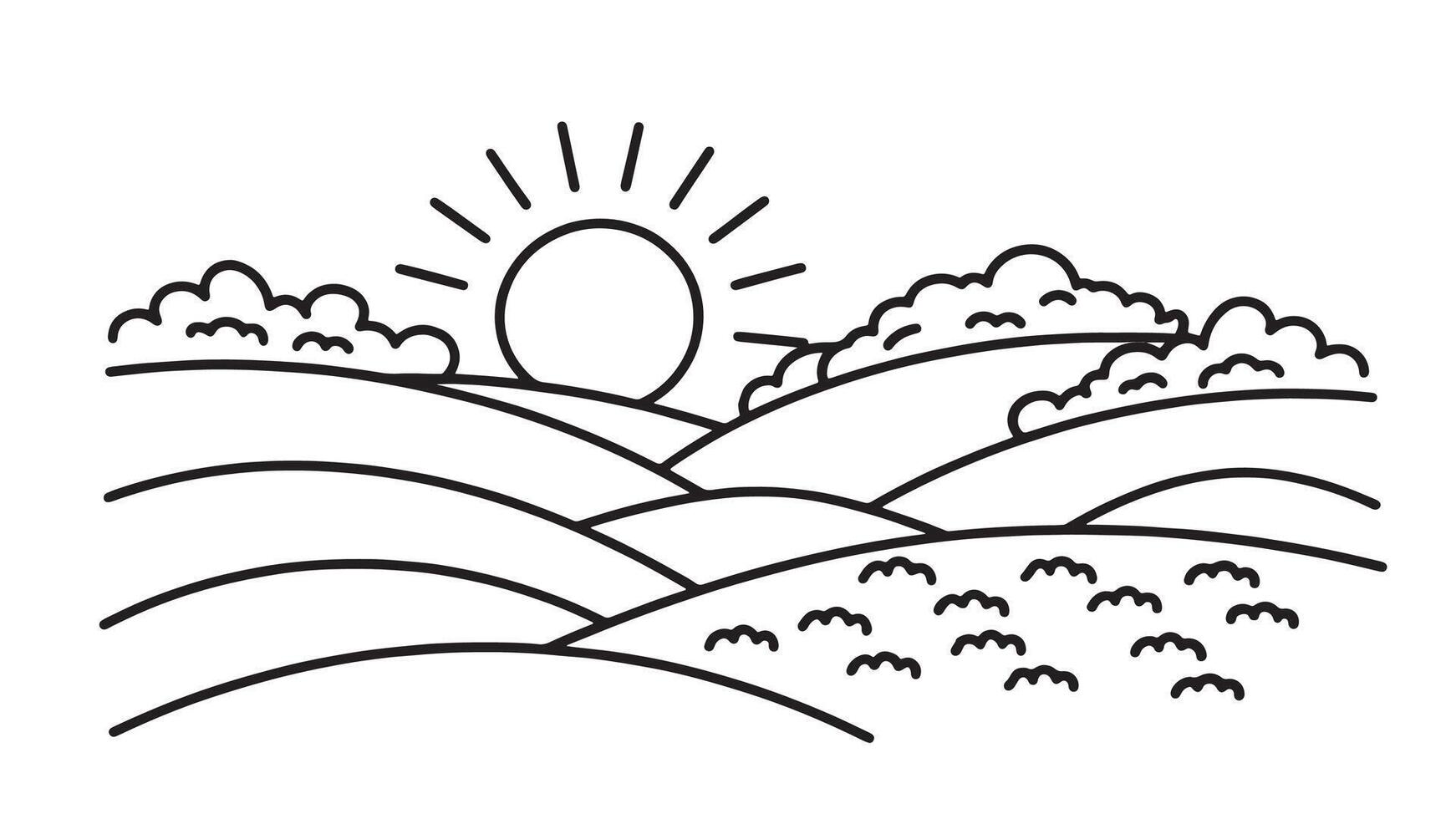 Vibrant sunrise illuminates a lush green hillside with gentle fog rolling over the landscape line art flat illustration vector