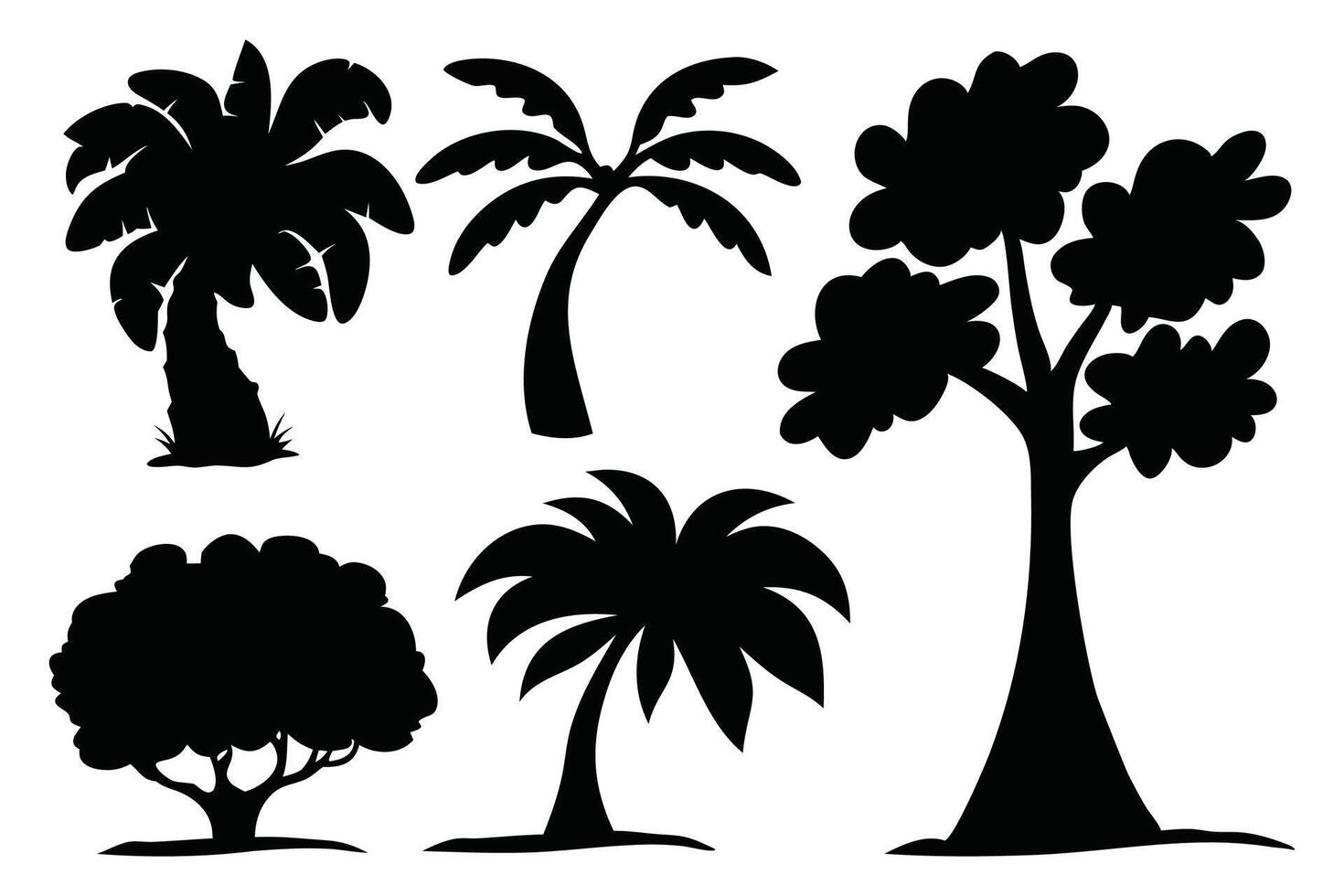 Beach trees silhouettes set isolated flat illustration on white background. vector