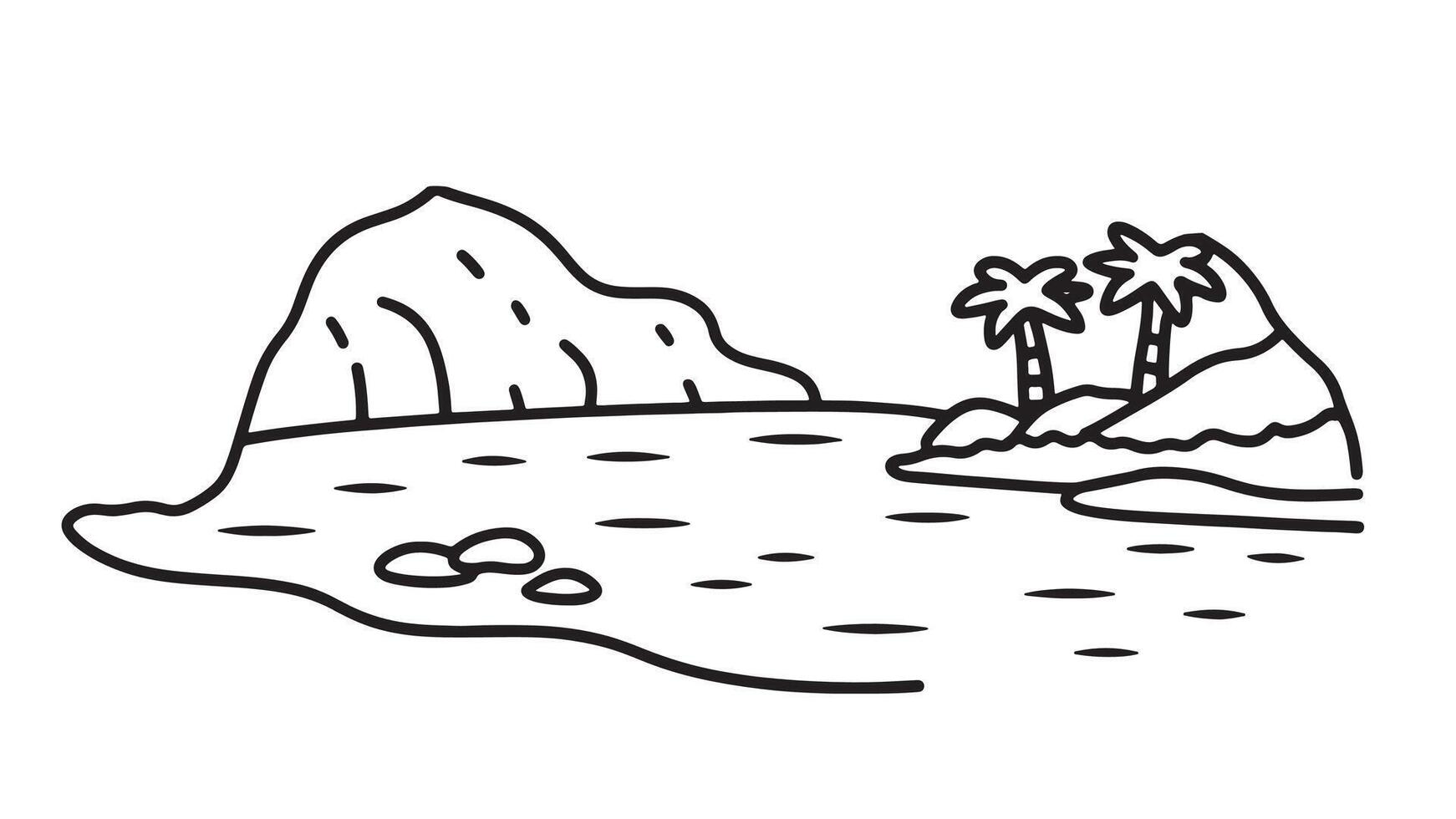 Secluded beach encircled by a cave showcasing clear blue water and sandy shores line art flat illustration. vector