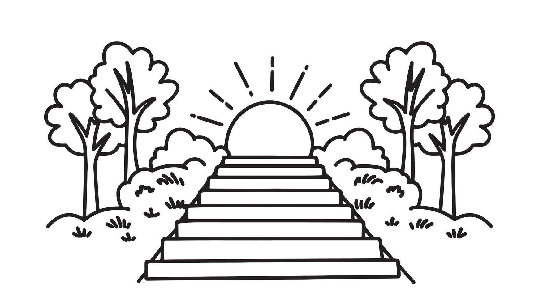 Wooded path with stone steps ascending towards a bright sunlit area surrounded by trees and greenery line art flat illustration vector