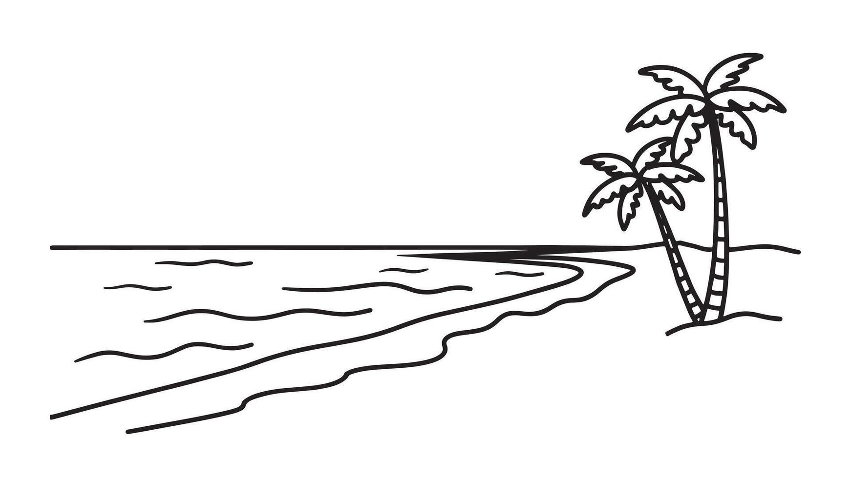 Sandy beach meeting the turquoise ocean with waves gently lapping at the shore under a clear blue sky line art flat illustration. vector