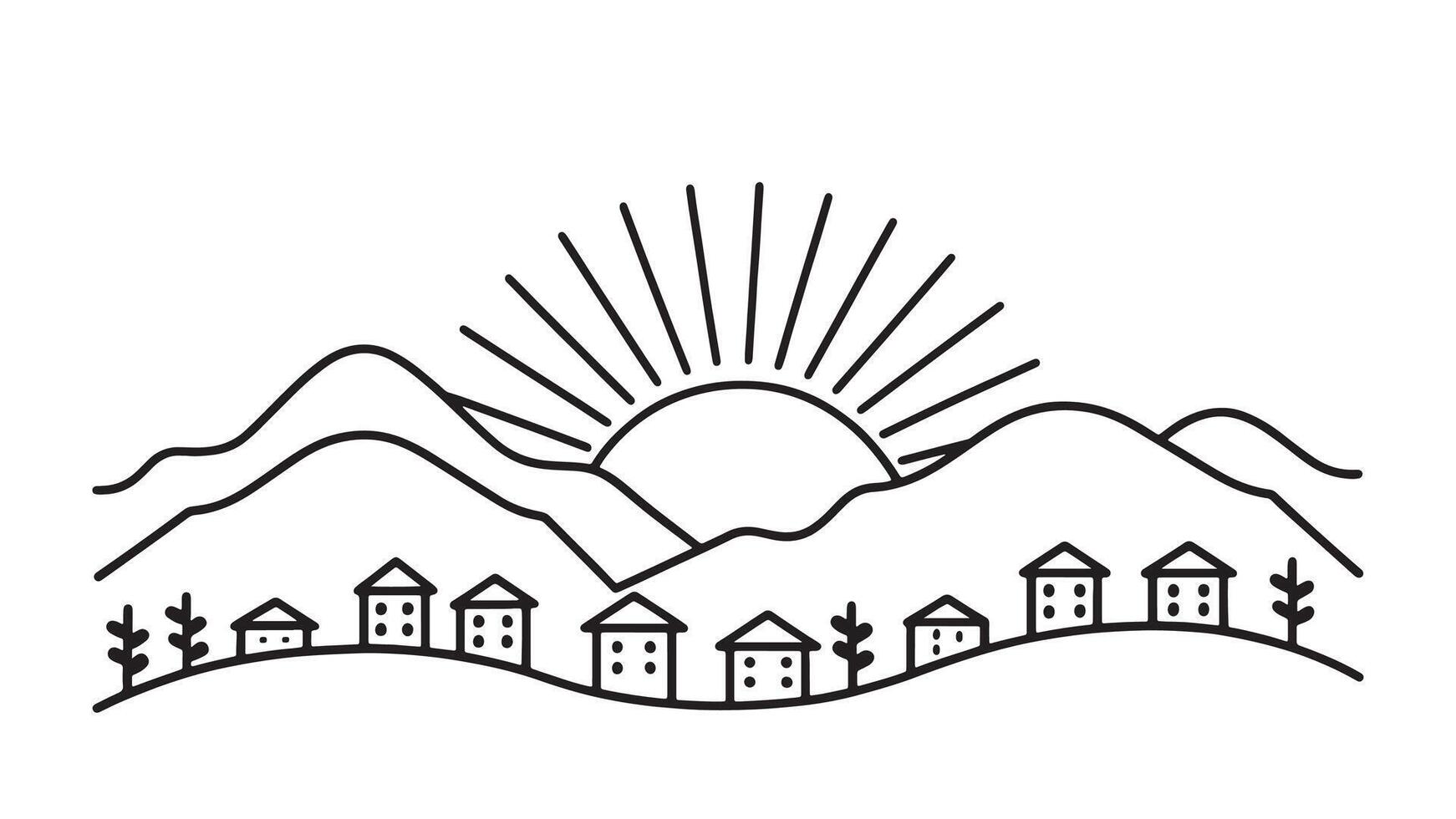 The sun sets behind a mountain range illuminating a village in the foreground with vibrant colors line art flat illustration.eps vector