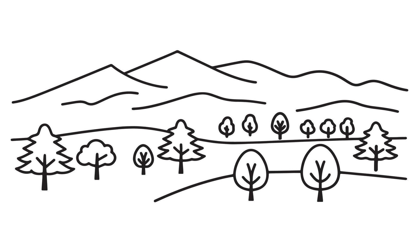 Picturesque field featuring various trees with a backdrop of impressive mountains under a bright blue sky line art flat illustration vector