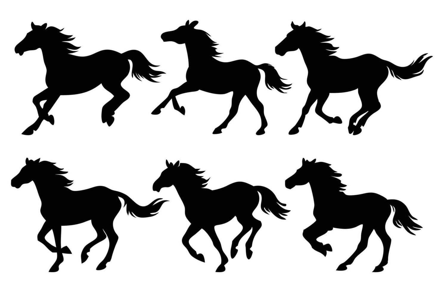 Horses galloping jumping running trotting silhouettes set illustration on white background vector