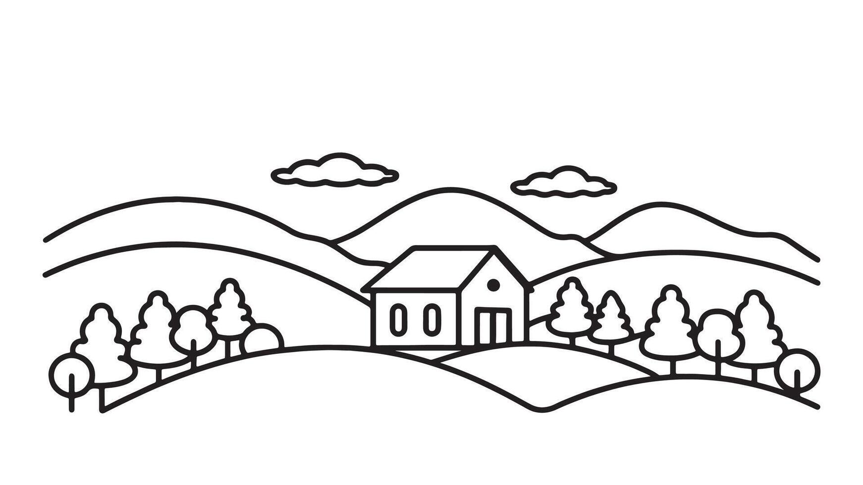 picturesque landscape featuring a charming house surrounded by lush greenery and rolling hills line art flat illustration. vector