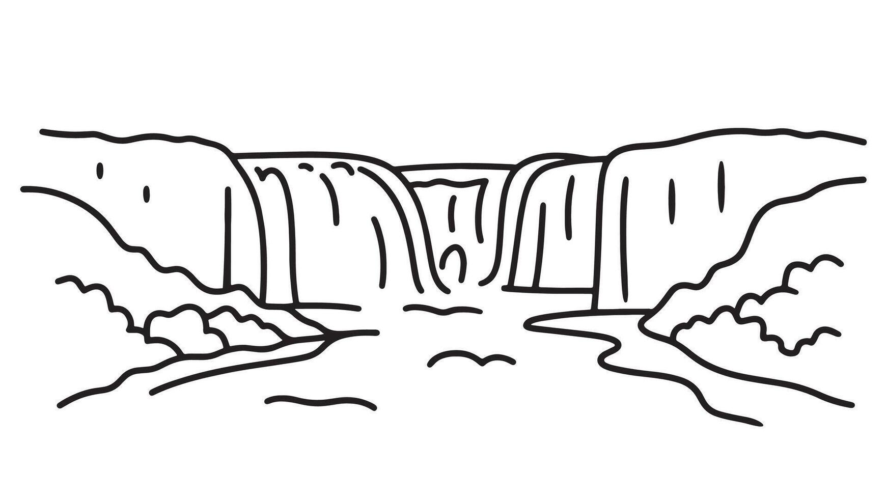 Lceland landscape showcasing majestic waterfalls flowing over rocky terrain under a clear blue sky line art flat illustration vector
