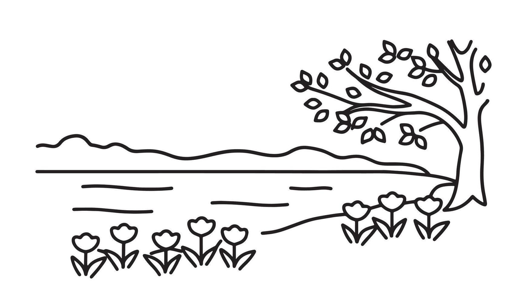 Tranquil riverbank with a lush tree and vibrant flowers enhancing the beauty of the natural landscape line art flat illustration. vector