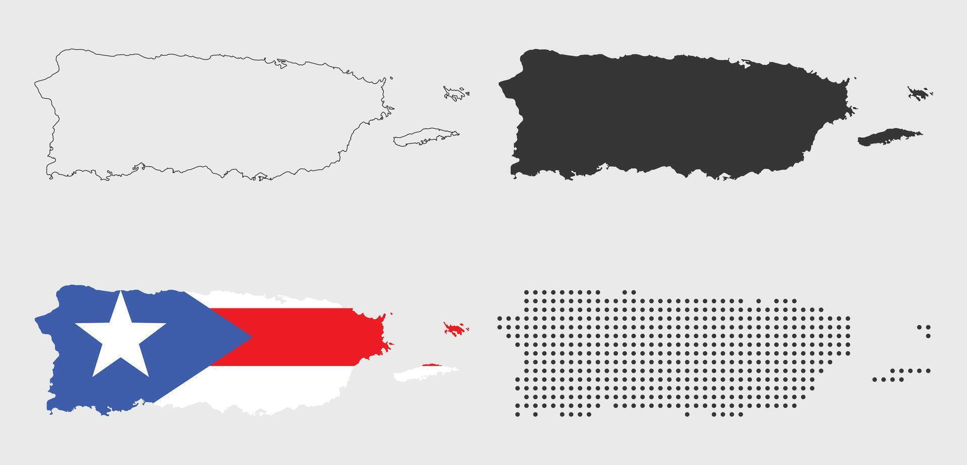 Puerto Rico map detailed in outline, grey, flag color, and dotted vector