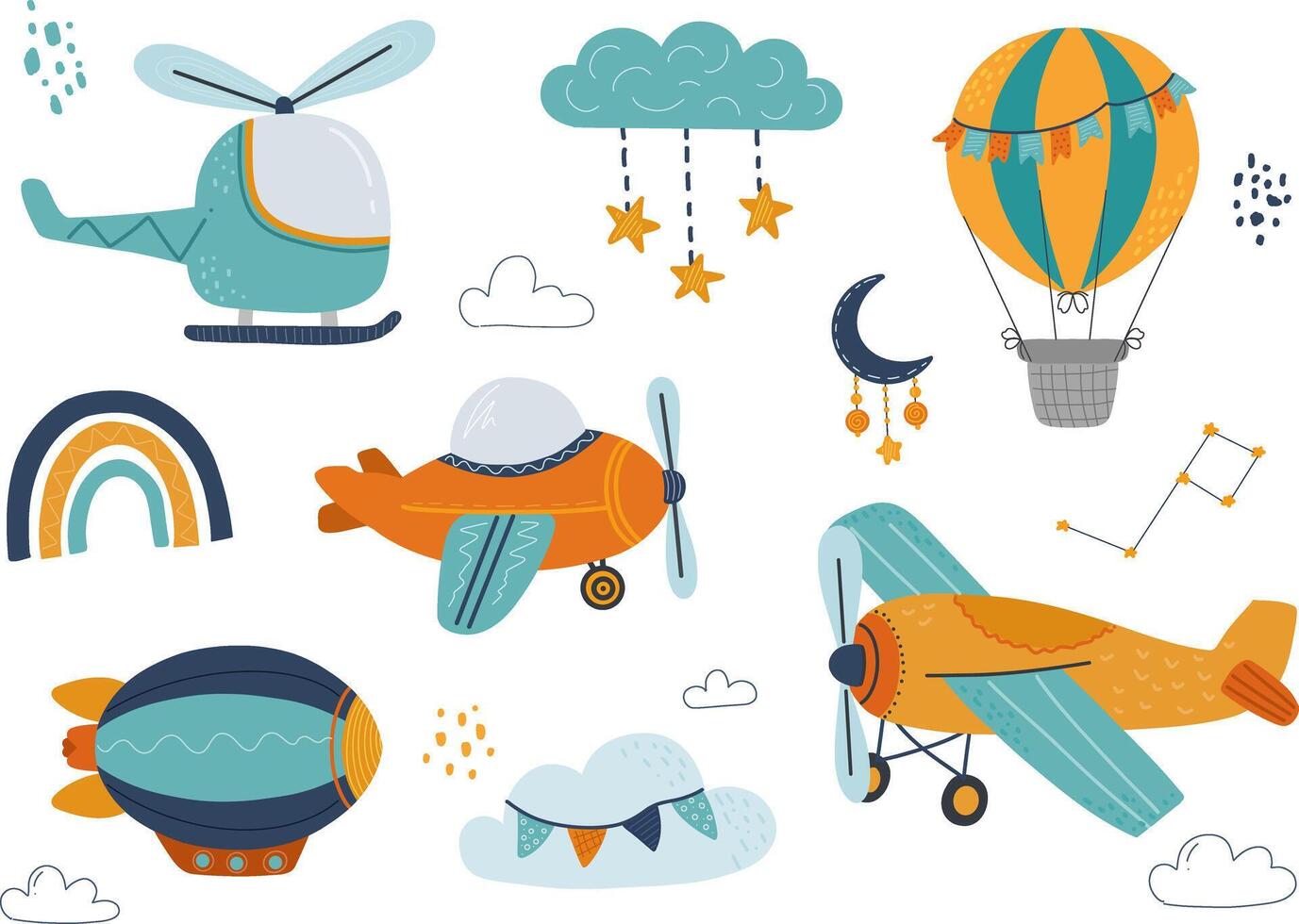 Set of aircraft in hand drawn, cartoon style. Suitable for kids illustrations, travel themes, and aviation content. Colorful aircraft and sky elements on white background. vector
