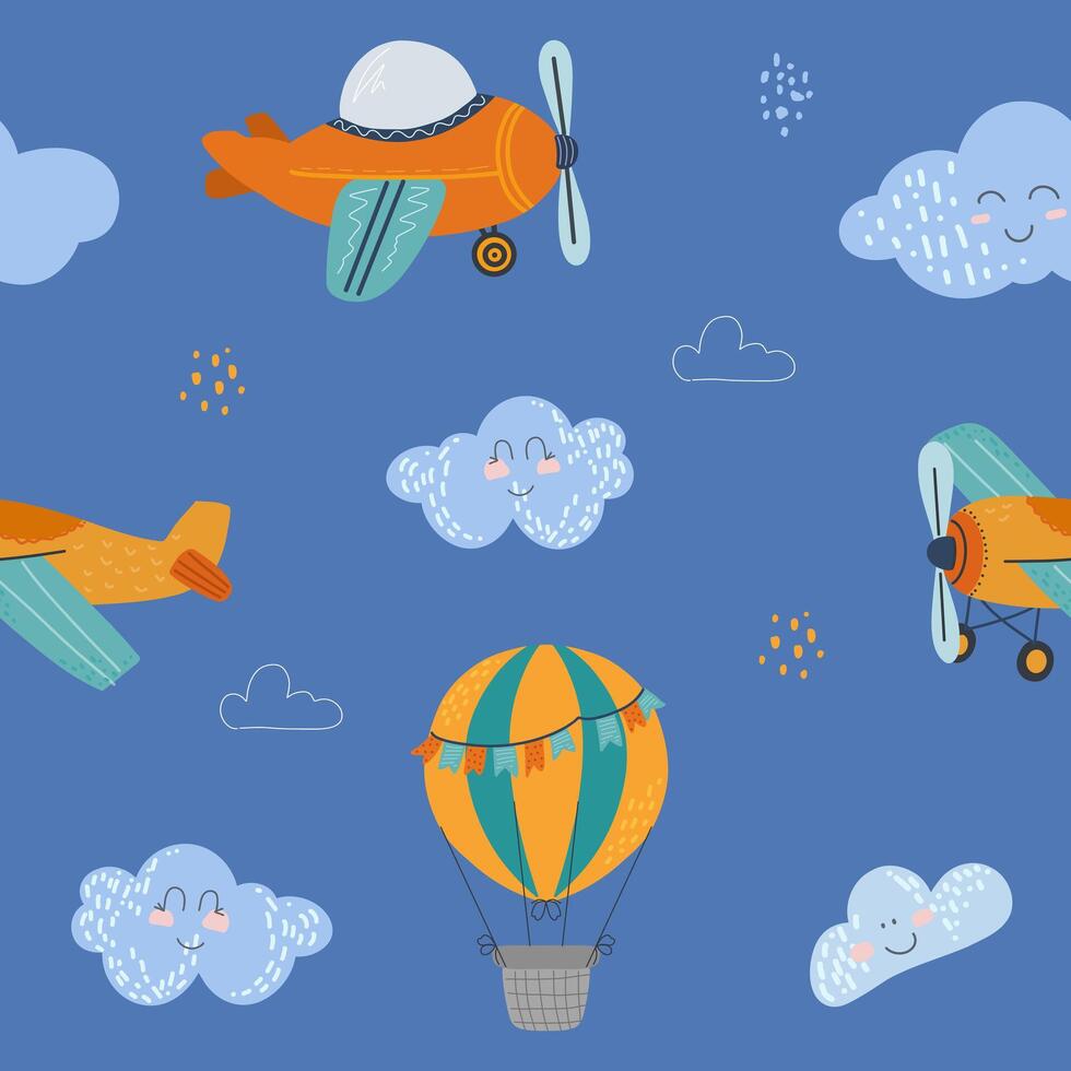 Seamless pattern aircraft and clouds in hand drawn, cartoon style. Suitable for kids backgrounds, baby textiles, and nursery wallpapers. Blue background with whimsical sky elements. vector