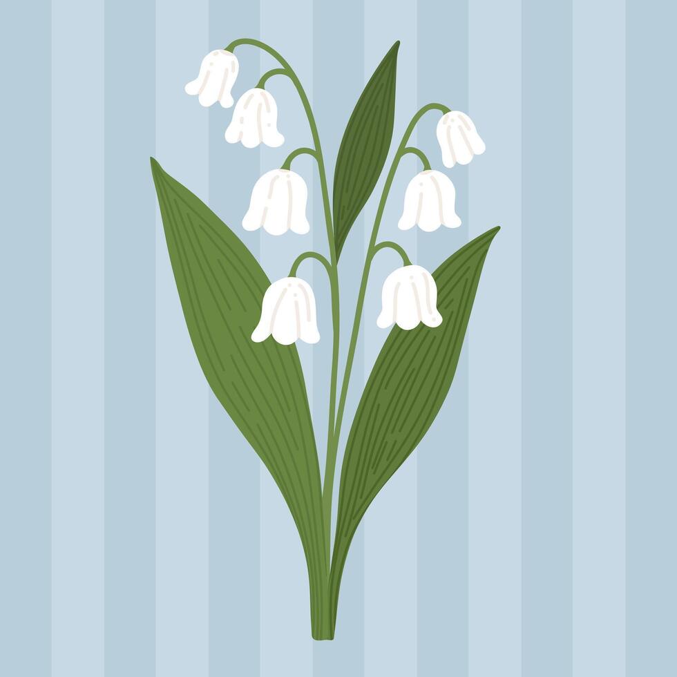 Lily of the valley in hand drawn, doodle style. White flowers with green leaves on striped blue background. Suitable for botanical designs and spring decor. vector