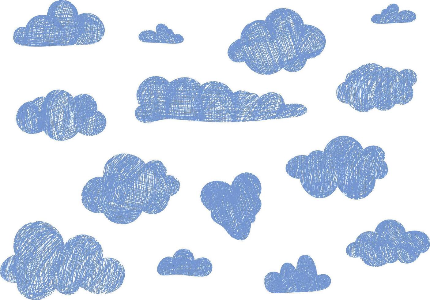 Seamless pattern with textured clouds in hand drawn, doodle style. Suitable for weather themes, kids backgrounds, and textile prints. Blue crayon like clouds on white background. vector