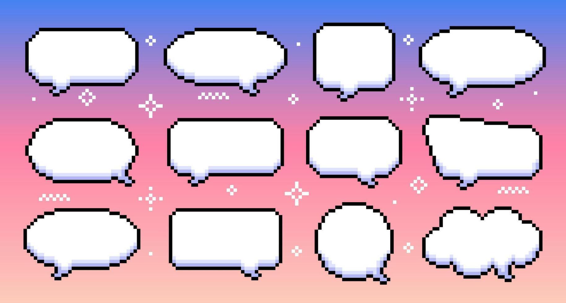 Retro pixelated speech bubbles of various shapes. Pixelated dialogue boxes. illustration vector