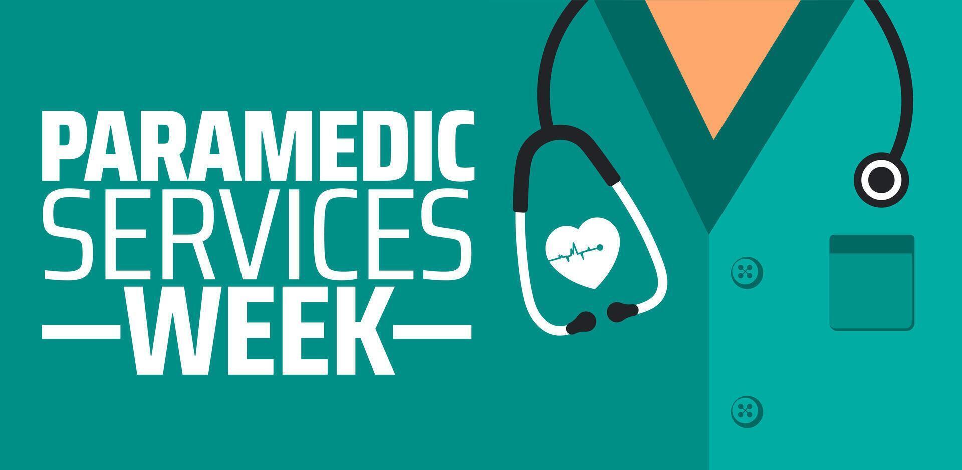 Paramedic Services Week background banner or poster design template. observed every year in May. Holiday concept. Use to any Template, card, poster, placard, template. vector