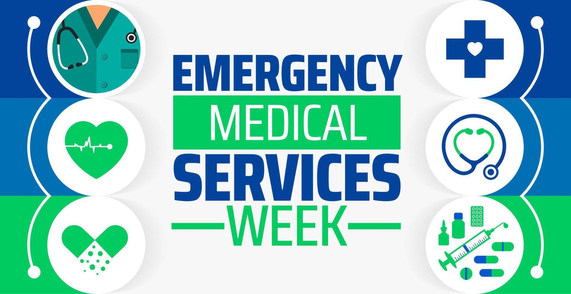 Emergency Medical Services Week background banner or poster design template. observed every year in May. Holiday concept. Use to any Template, card, poster, placard, template. vector