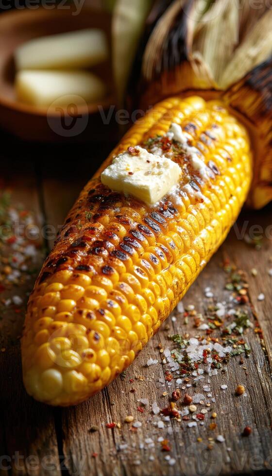 Grilled Corn on the Cob with Melting Butter on Rustic Wood Table - Perfect for Summer BBQ Design photo