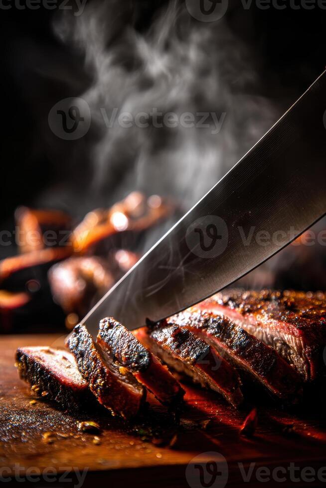 Juicy Grilled Ribs Sliced with Knife on Rustic Board for BBQ Menu Design photo