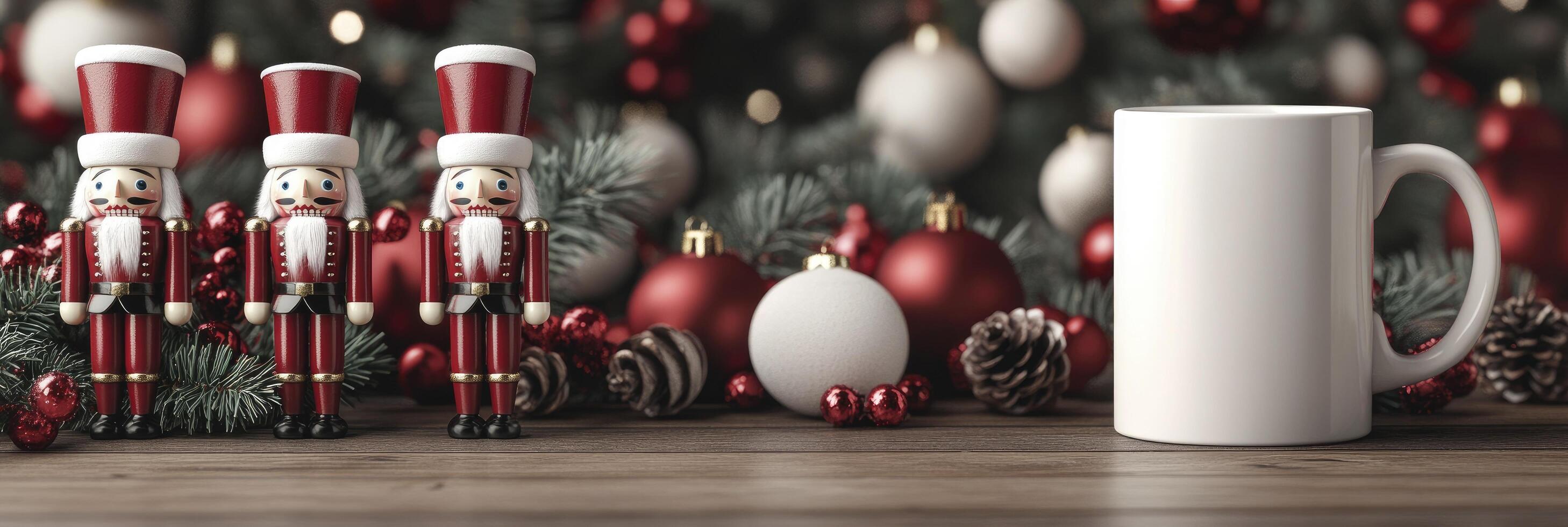 A coffee mug and nutcrackers are next to a christmas tree photo
