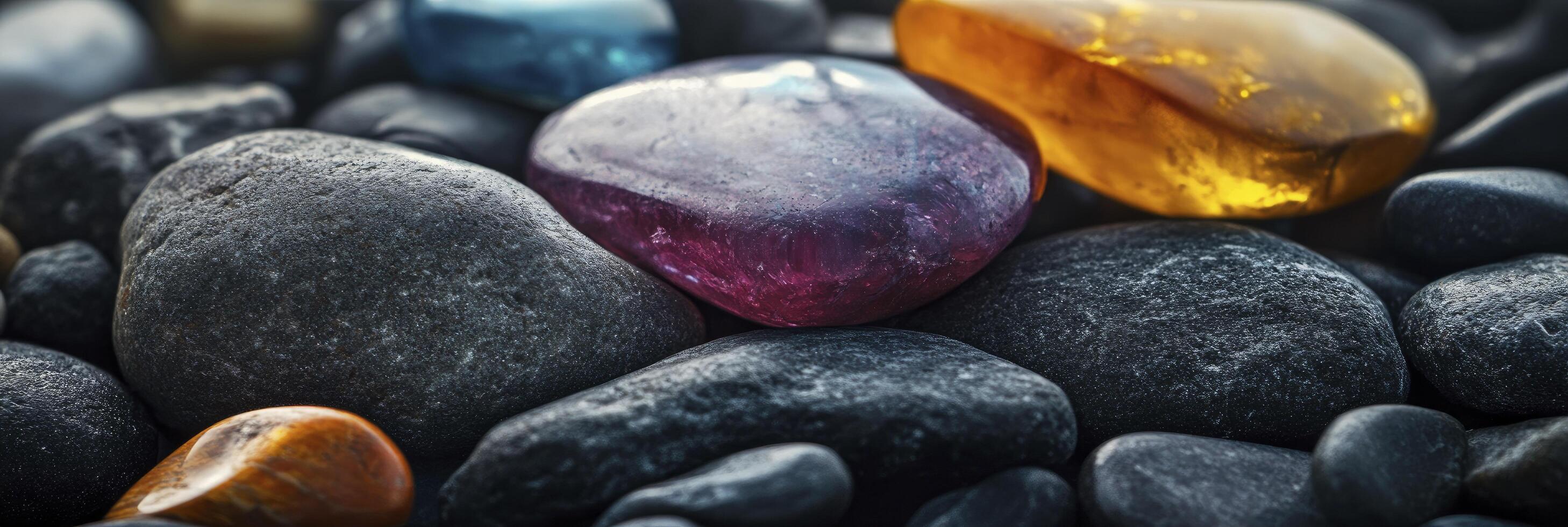 A colorful stone is sitting on top of rocks photo