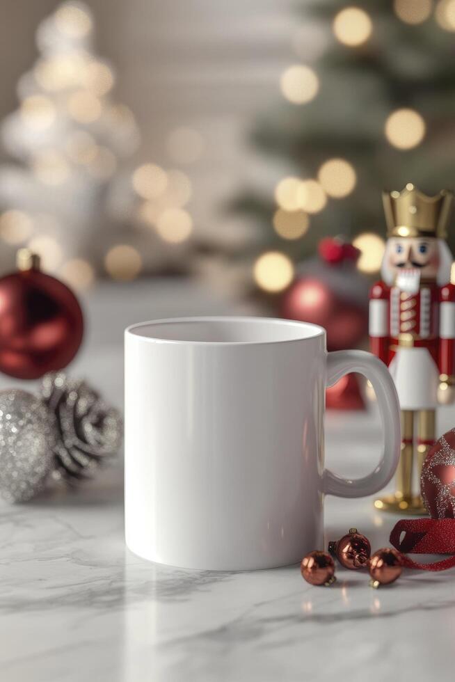 A white mug with a nutcracker on it next to a christmas tree photo