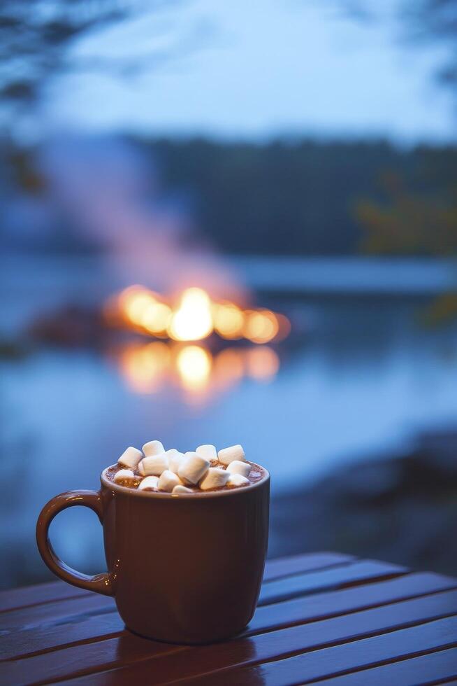 A mug of hot chocolate with marshmallows on a table in front of a fire photo