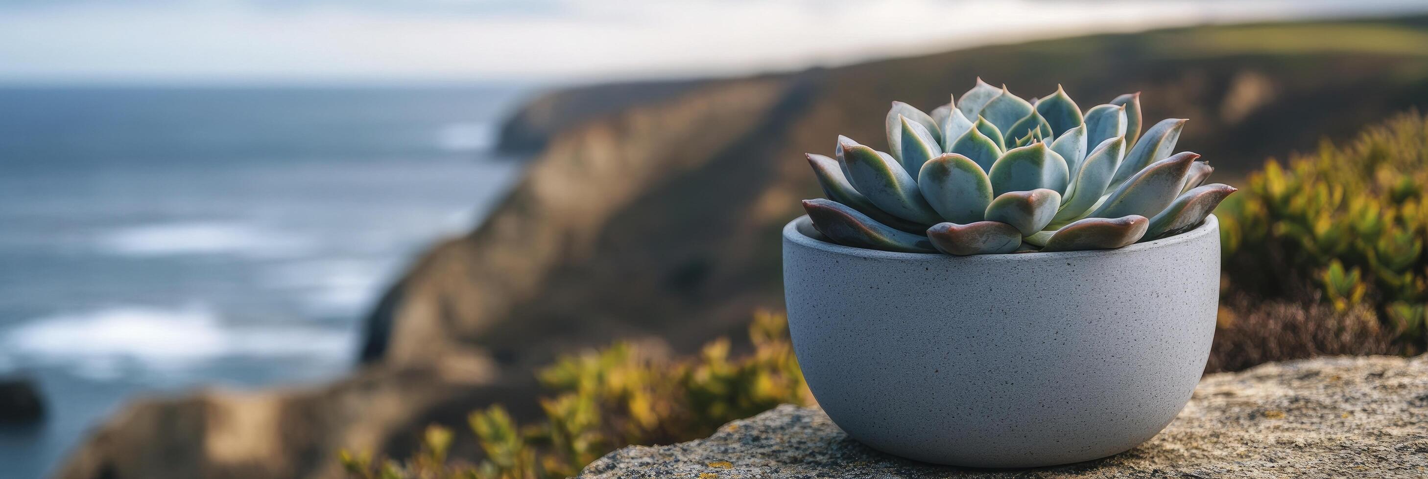 A small plant in a white pot sitting on a rock photo