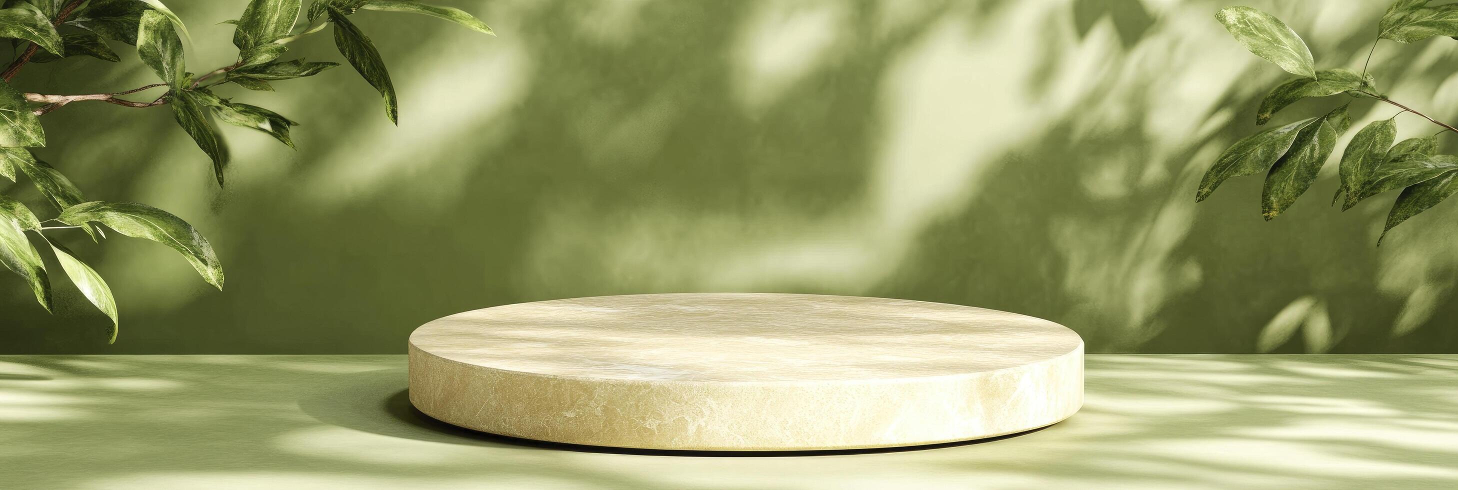 A round marble table sitting in front of green plants photo