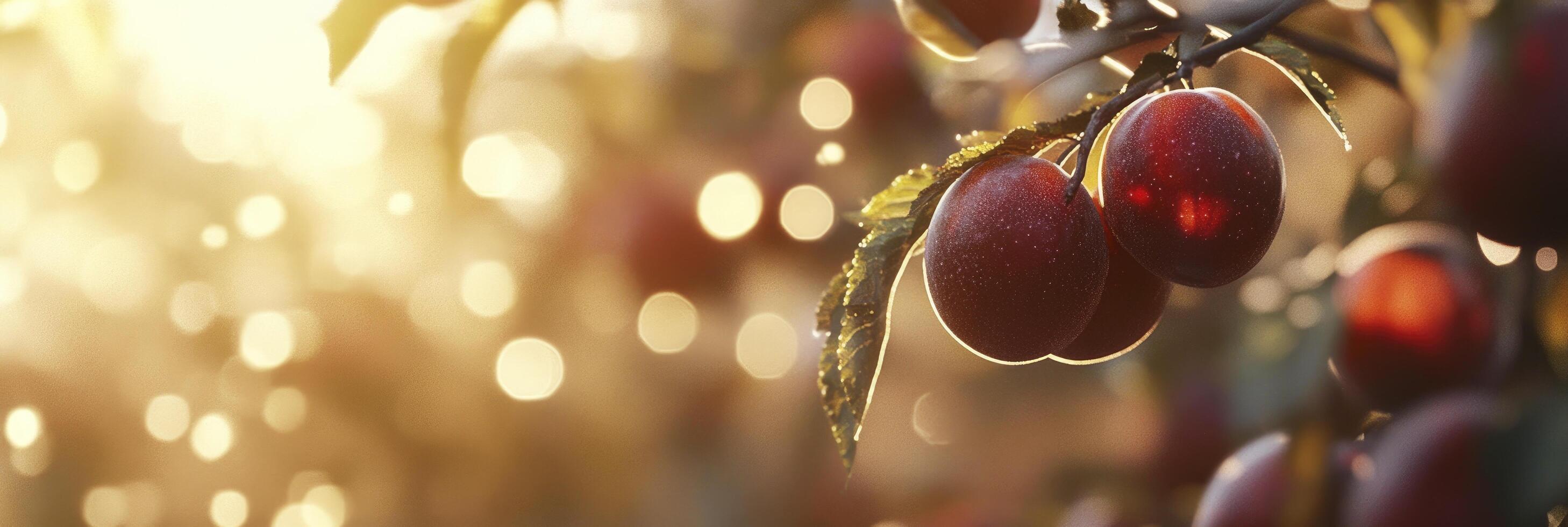 Plums on a tree with sunlight shining through photo