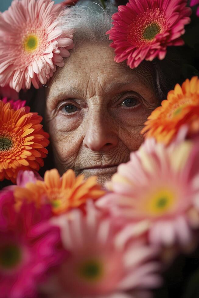 An old woman surrounded by flowers photo