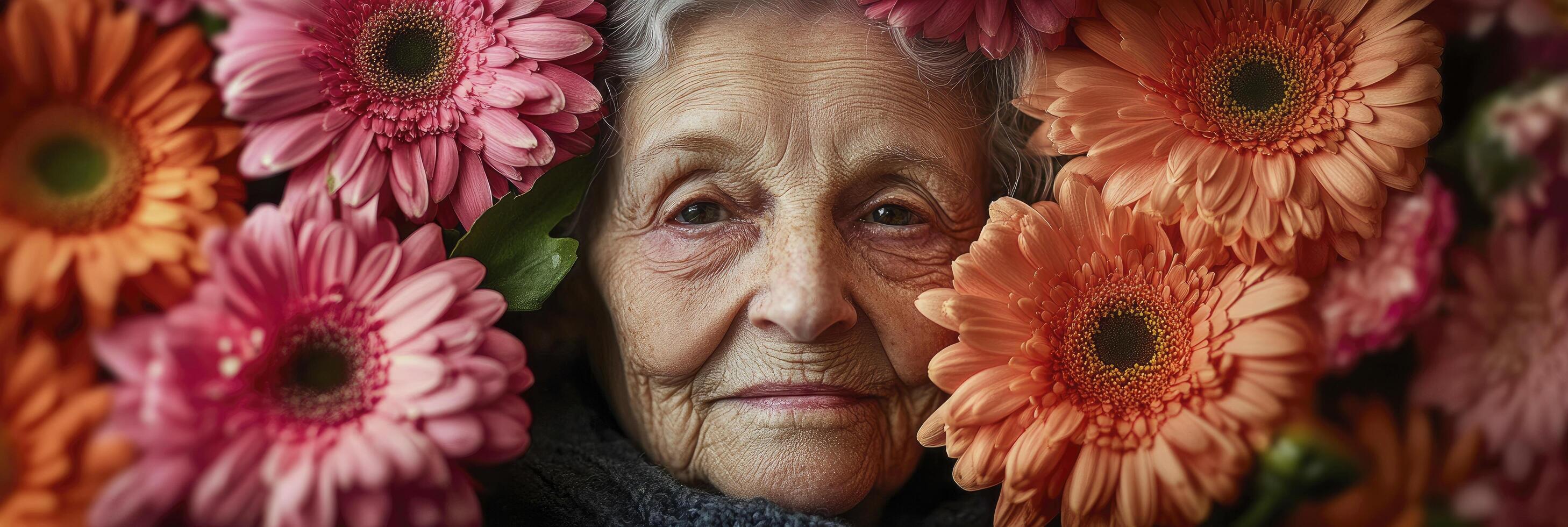 An elderly woman surrounded by flowers photo