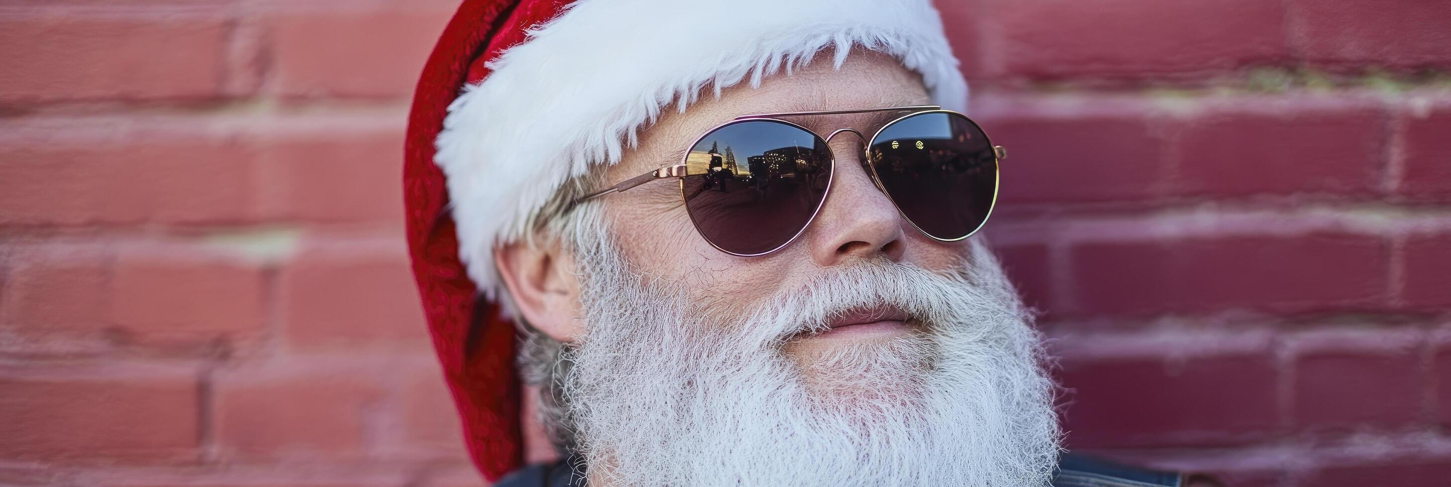 A man with a beard and sunglasses wearing a santa hat photo
