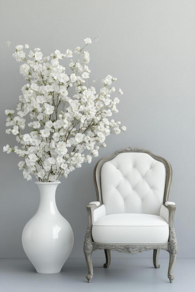 White chair and vase with white flowers on grey background photo