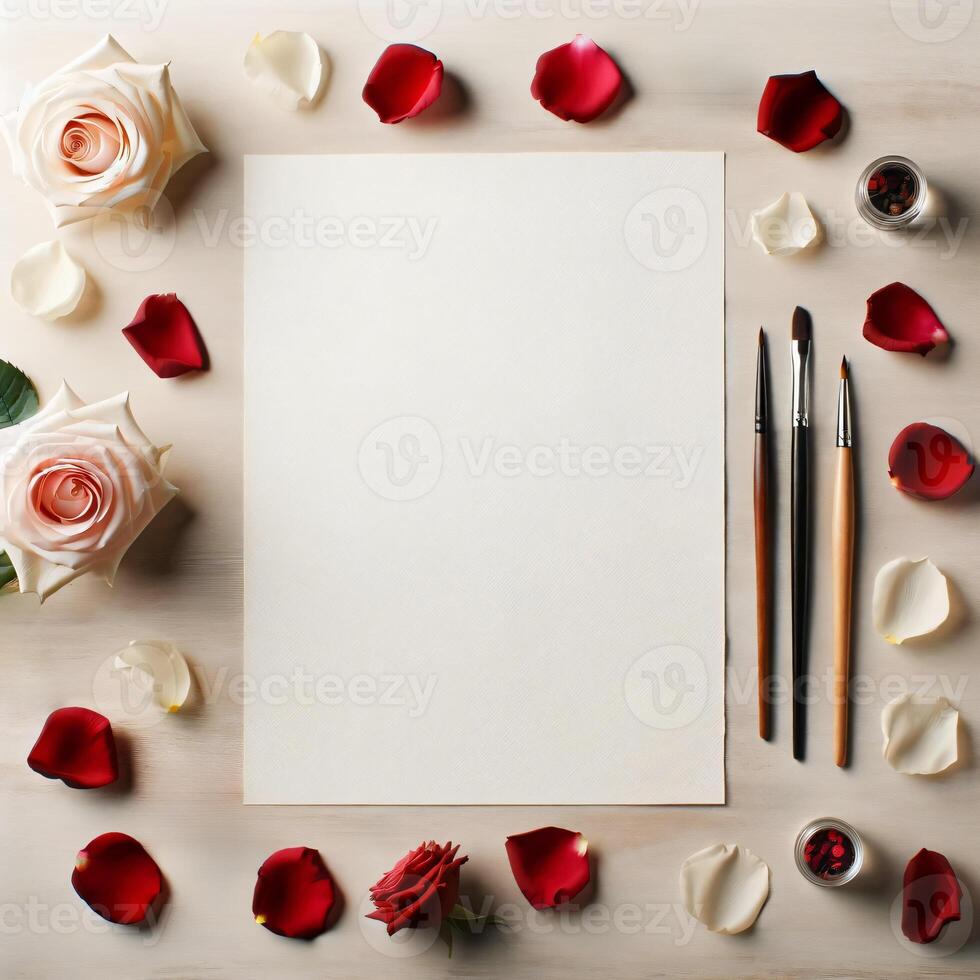 Valentine's Day background with blank paper card mockup, gifts, red hearts and flowers. Place for text. Mother's day and romantic. photo