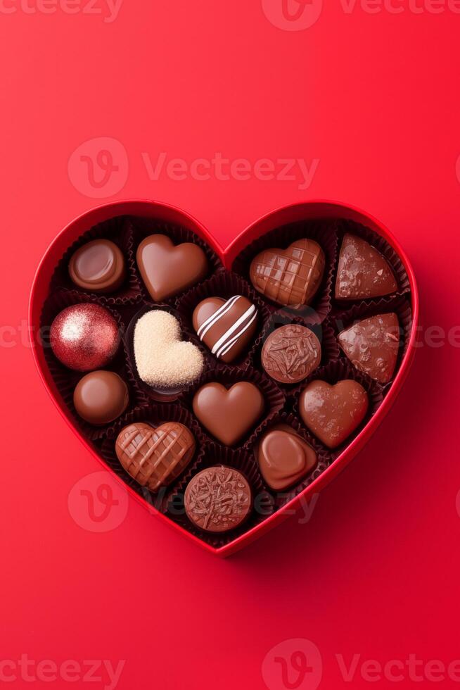 Festive box in the shape of heart with chocolates on a red background. Top view with place for text for Valentine's day, date and other holidays photo