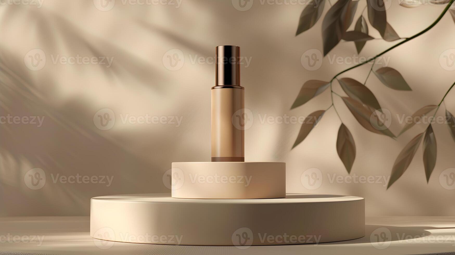 Bottle of foundation on a pedestal against a background of a gray wall and the sun. photo