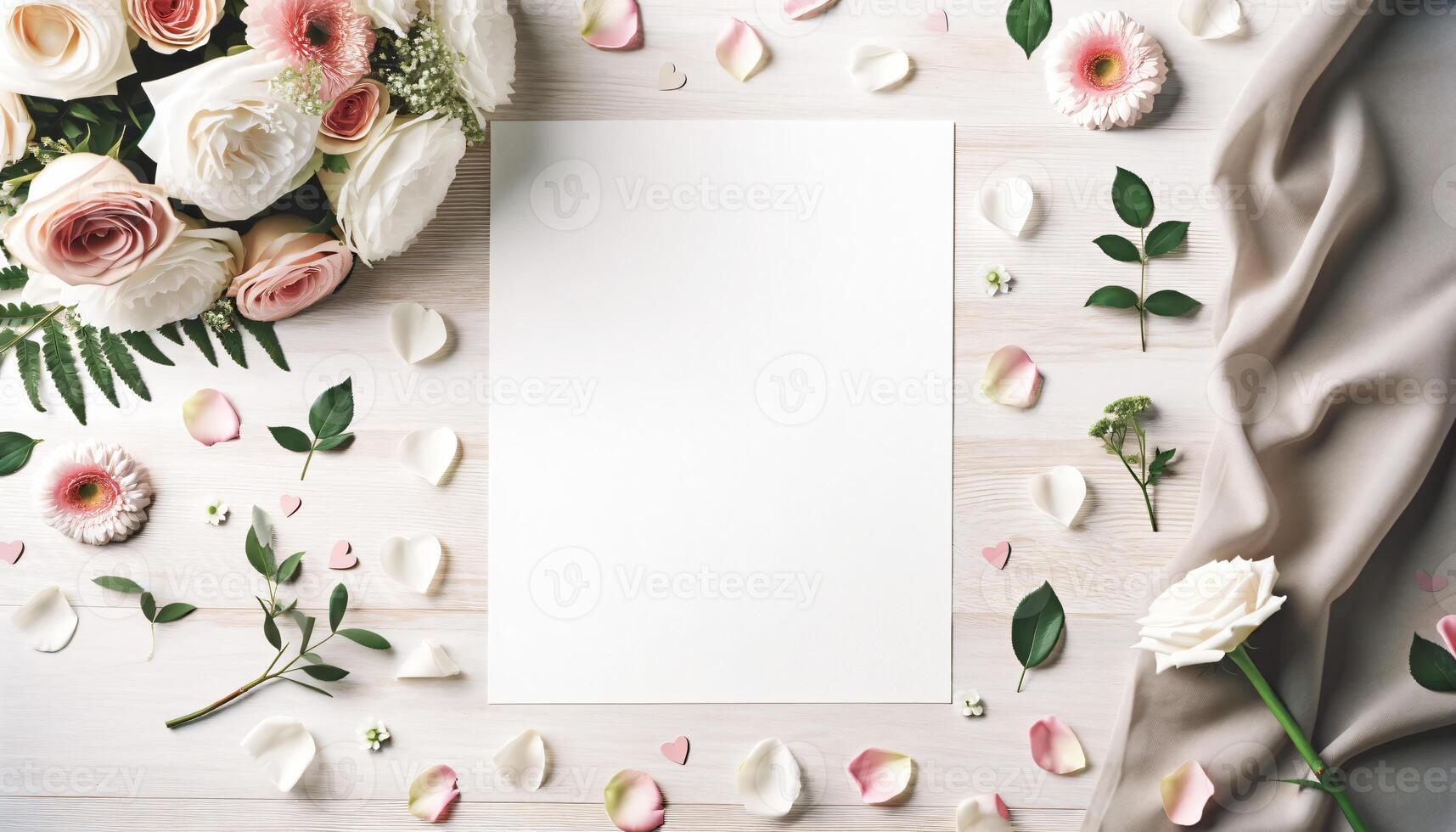 Valentine's Day background with blank paper card mockup, gifts, red hearts and flowers. Place for text. Mother's day and romantic period. photo