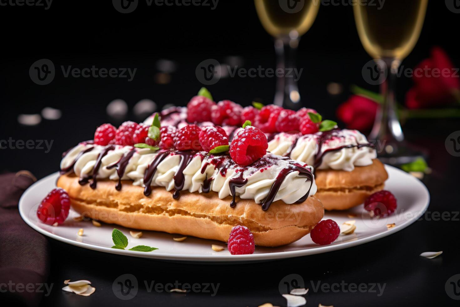 Eclair meringue. Pavlova eclair. Classic French dessert with delicate mascarpone cream. Nearby are several original eclairs with different flavors. photo