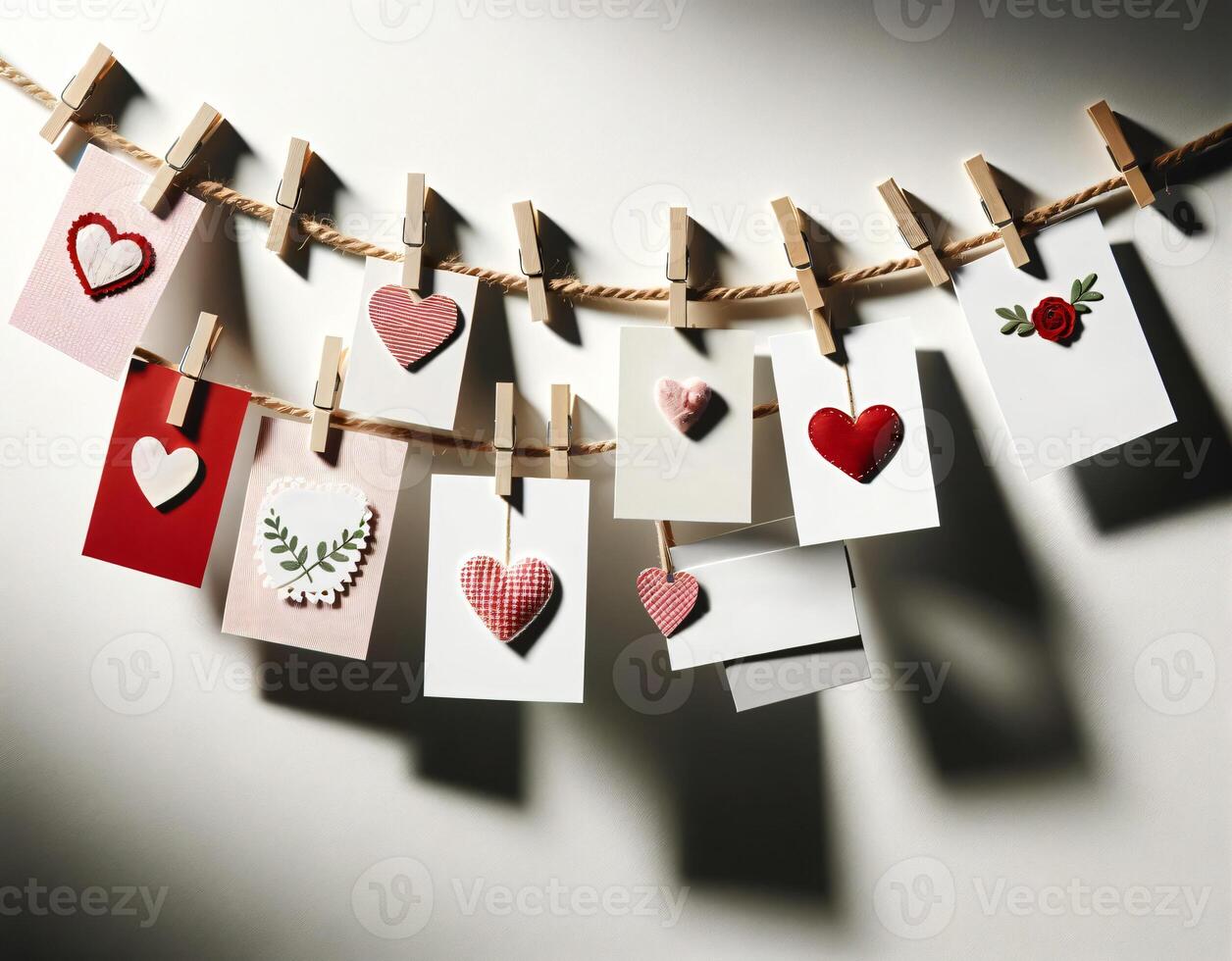 Garland for Valentine's Day cards with hearts on a light wall. Festive background photo