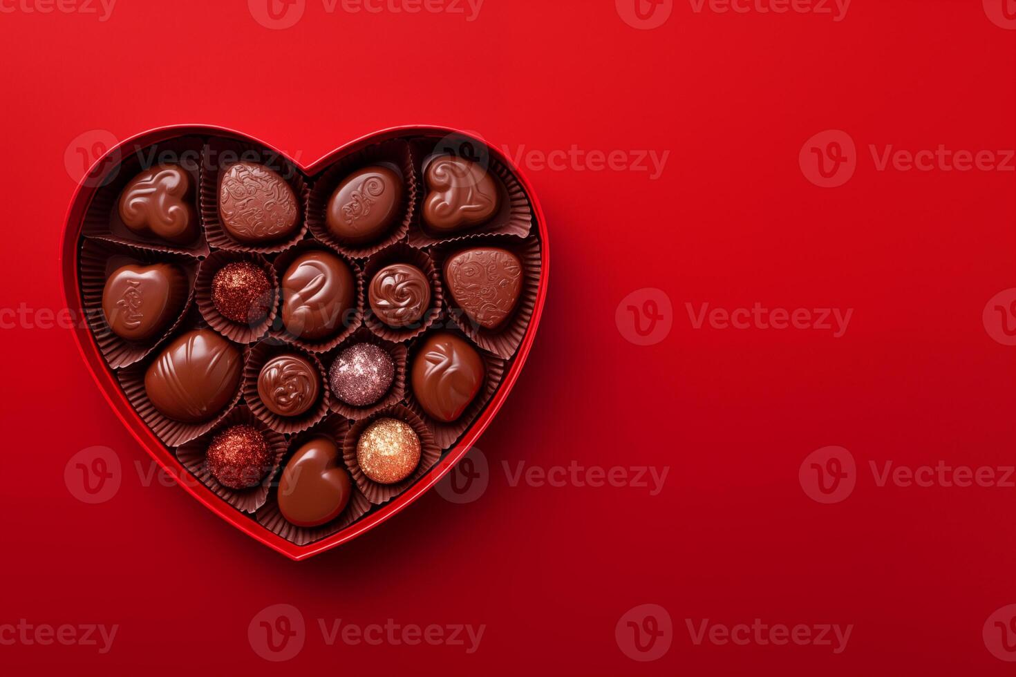 Festive box in the shape of a heart with chocolates on a red background. Top view with place for text for Valentine's day, date and other holiday photo