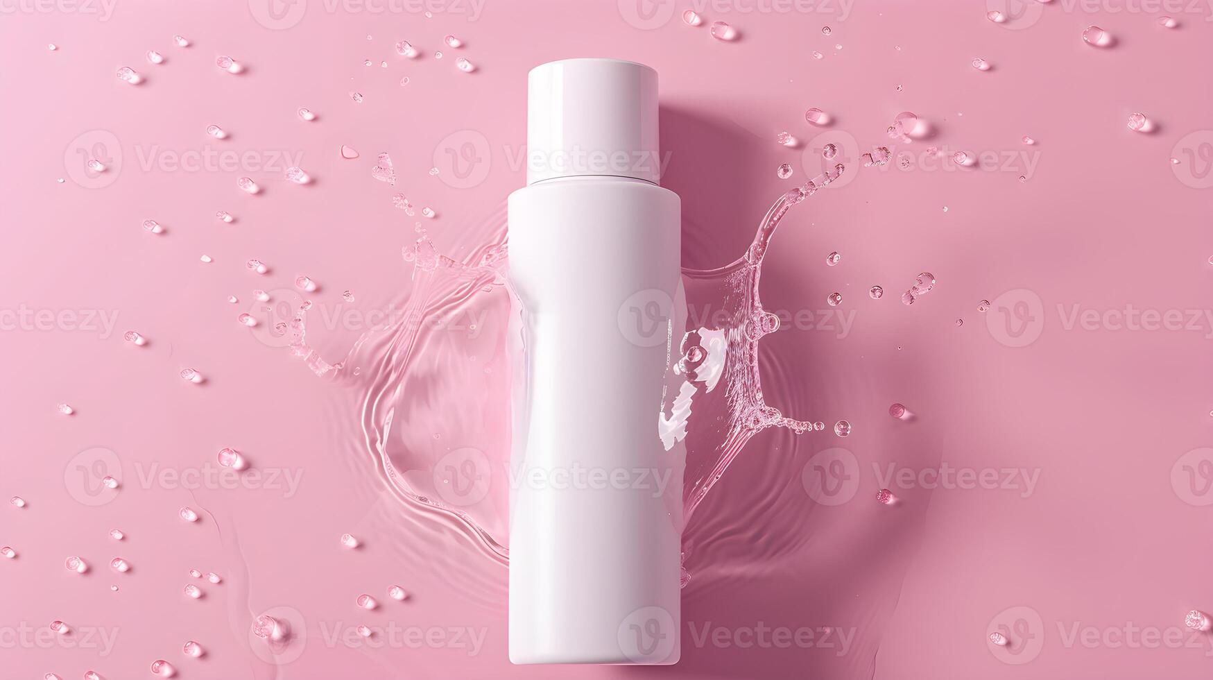 White cosmetic bottles on a pedestal on pink and water background flat lay. photo