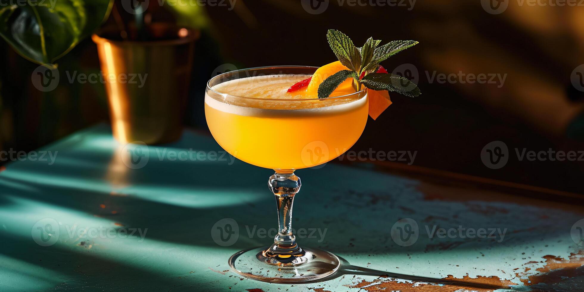 Orange juice author's cocktail yellow color on the green background of a wooden table. Design food photo banner for menu, advertising bar drinks, seasonal offers, non-alcoholic with space for text