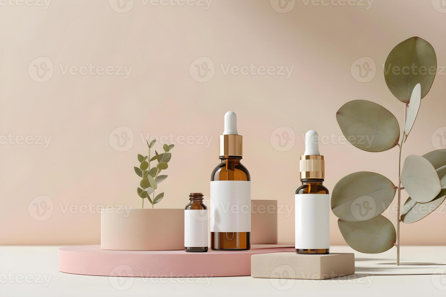 Cosmetic bottles with facial drops on a beige background and plants. photo